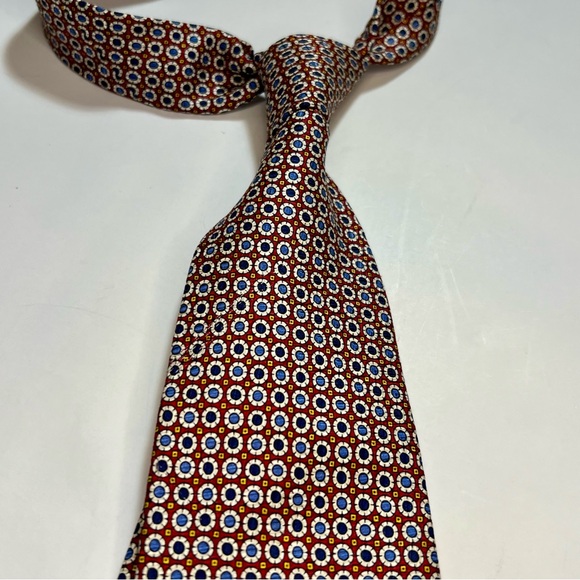 POLO RALPH LAUREN Handmade Silk Tie Brown with Blue White Circle Motif - Picture 3 of 5